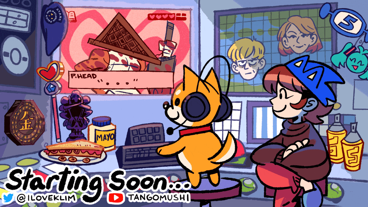 A 'Starting Soon' animated screen for Tangomushi's Twitch streams.