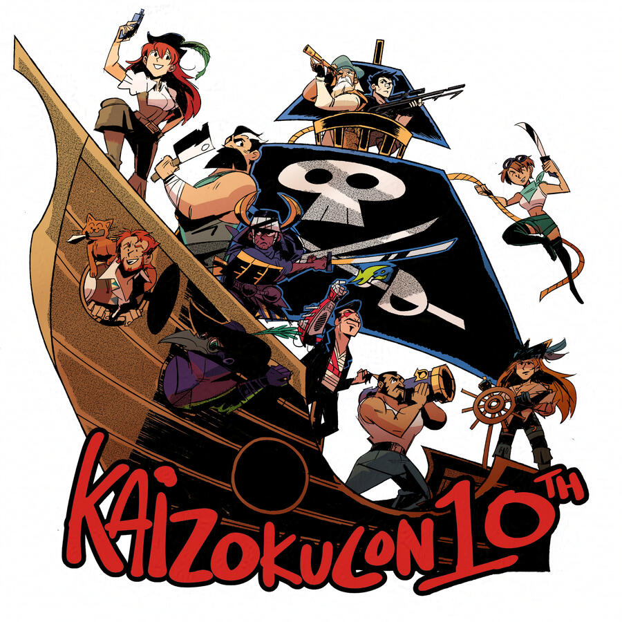 Logo design for Kaizokucon's 10th anniversary, featuring their mascots from previous events.